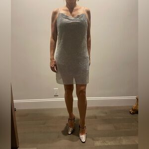 L'AGENCE Silver Sequin Mini Slip Dress